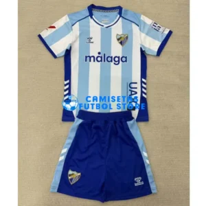 Maglia Málaga CF 1ª Calcio 2025/2026 Blu/Bianco Bambino Kit con Parche La Liga