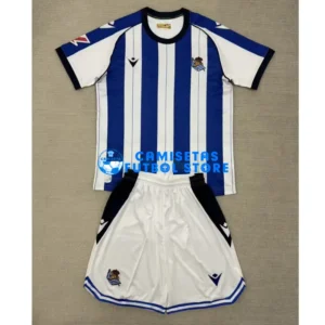 Maglia Real Sociedad 1ª Calcio 2025/2026 Blu/Bianco Bambino Kit con Parche La Liga